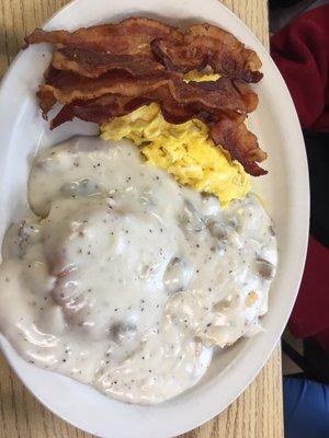 Biscuits & gravy, eggs, bacon