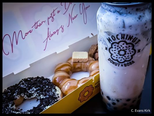 Mochi donuts an a brown sugar Bubble Tea Drink