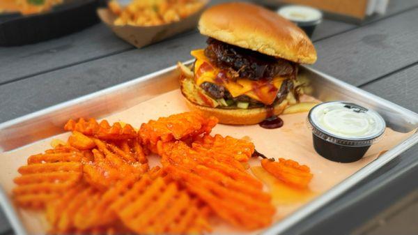 Brisket burger with sweet potato fries