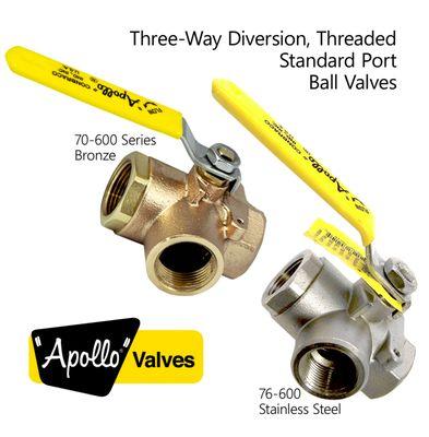 Apollo 70-600 and 76-600 Series Three-Way Diversion, Threaded, Standard Port Ball Valves