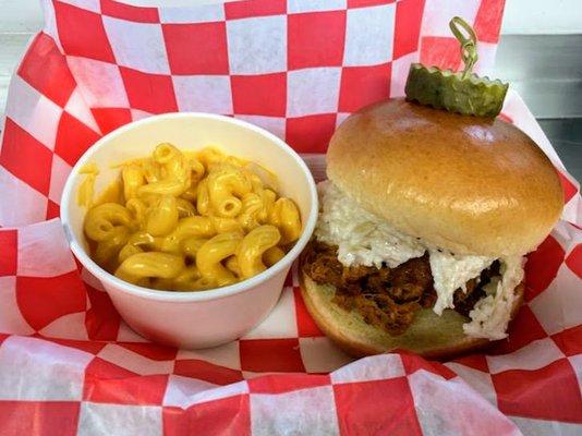 BBQ Pulled Pork sandwich and Mac N' Cheese