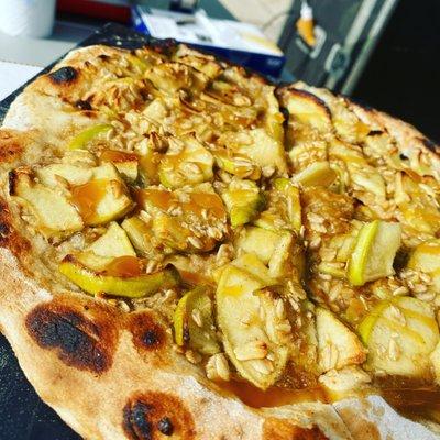 OMG! Pizza... Granny Smith apple with a sweet crunchy topping... drizzled with Salted Caramel