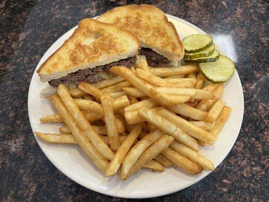 Picture perfect Patty Melt with French Fries! Both were delicious! The meat was seasoned very well!