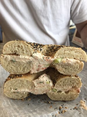 Everything bagel toasted with scallion and lox cream cheese