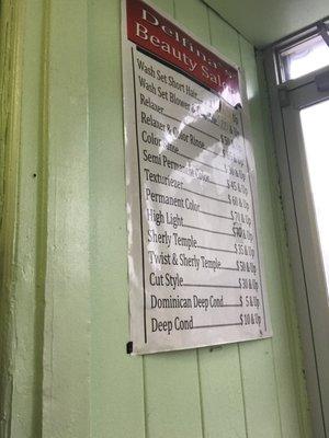 Not my best photography skills, but the price list