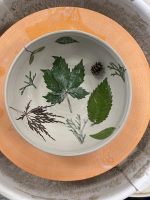 Leaf press bowl, before the kiln and glaze