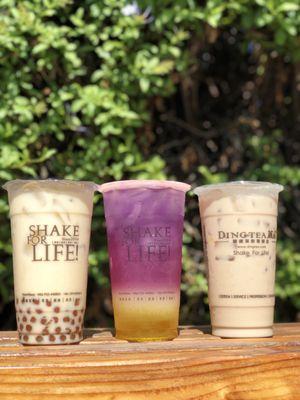 Jasmine milk tea with boba, pineapple lemonade, brown sugar milk tea with egg pudding and seafoam!