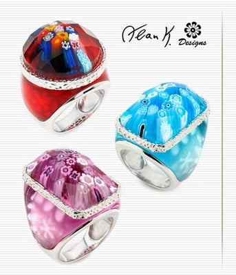 Exquisite Murano Glass Rings in Rohdium Plated Sterling Silver