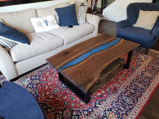 Black walnut river coffee table with blue river