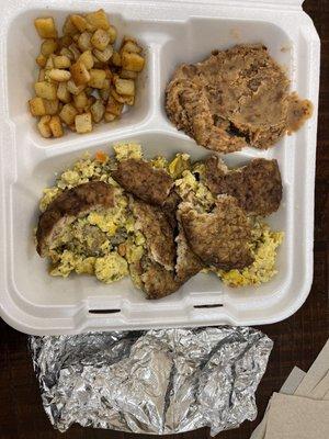 Breakfast Platter w/ Fajita & Egg, Sausage Patties, Refried Beans and Potatoes