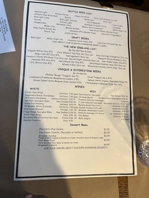 Beer, wine, and dessert menu