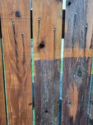 Pressure Washing A Fence. The Grey is before,  tan is after