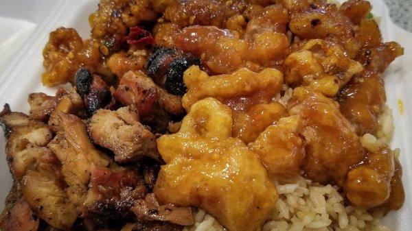 General Tsao's, Mandarin (Bourbon) and Orange chicken on a bed of rice.