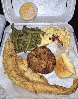 Fried Fish Crab Cake String Beans  Mac N Cheese