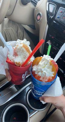 Strawberry shortcake specialty cone and peaches n' cream specialty.