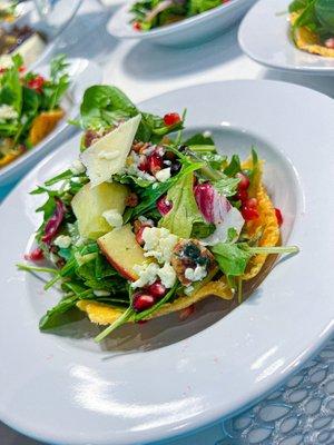 Parmesan bowl W/pomegranate and Apple walnut salad.