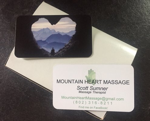 Business cards for Mountain Heart Massage in Jericho, Vt