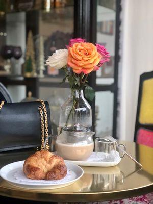 Delicious Chai Latte with oat milk and buttery croissant