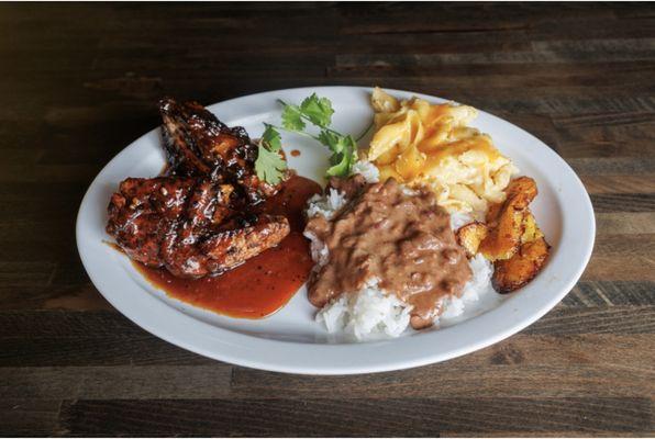 Jack Daniel Whiskey glazed chicken with red beans & rice and Mac & cheese...