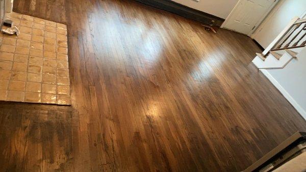 Living room stained hardwood floor