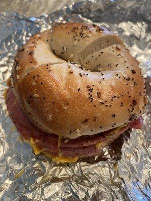 Taylor ham, egg and cheese on an everything bagel