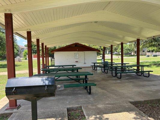 Covered picnic area and bathrooms