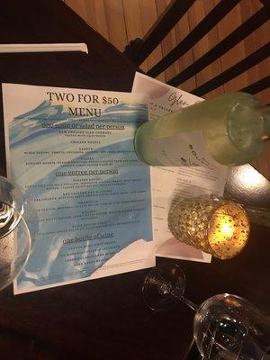 Two for $50 menu (unfortunately no longer available until further notice as of 4/30/21)