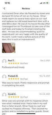 Positive reviews from past customers