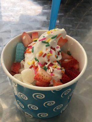 Almond milk vanilla yogurt, gummy worm, strawberries, mochi, rainbow sprinkles