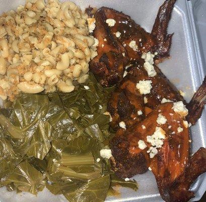 MTO Taste Platters! Mac & Cheese, Collard Greens, and Smoked Buffalo Wings w. Blue Cheese Crumbles!