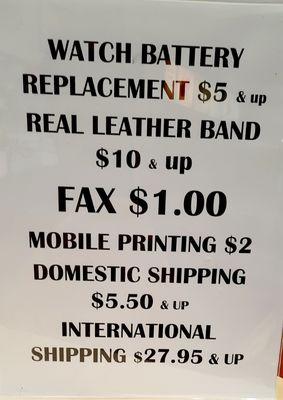 Watch Battery Replacement,  Watch Leather Band, Fax, Mobile Printing, Domestic Shipping & International Shipping