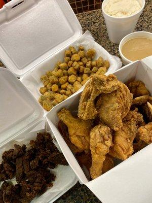 Maryland Fried Chicken, chicken livers, fried okra, mashed potatoes & gravy