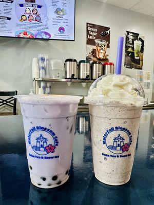 Taro milk tea w/ boba and Cookies and Cream Frappe