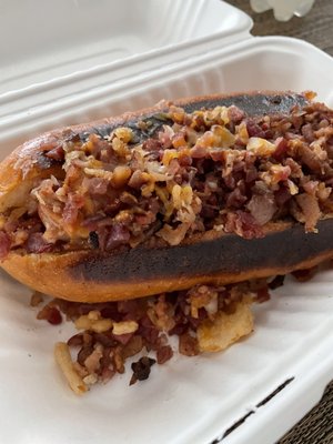 Close up of the bacon cheese dog