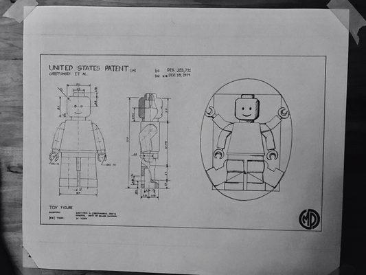 Hand drawing (11x17) Lego man patent and Vitruvian Lego man