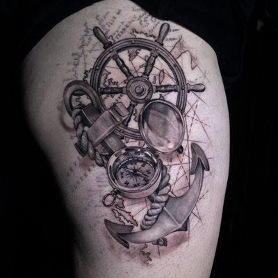 Nautical Theme black and grey Realism Tattoo.