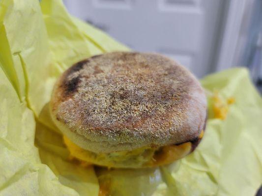 Another view of English muffin breakfast sandwich, nicely toasted.