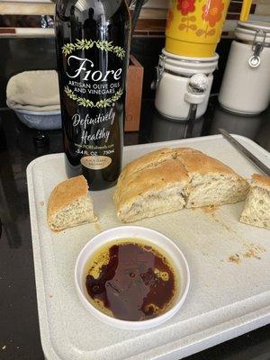 Enjoying our black garlic balsamic with homemade rosemary bread.