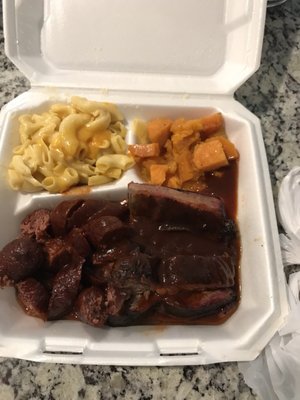 Links, ribs, Mac n cheese and yams! We also had fruit punch kool aid!