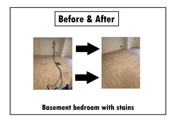 Basement bedroom with stains before and after