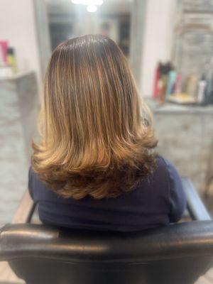 My mother after picture of color, highlights, root touch up and blow out.