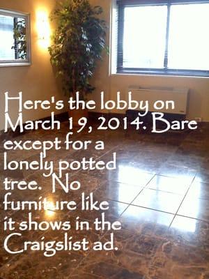 Craigslist shows a fully furnished lobby with sofa, tables, and a leopard print chair. This is what it really looks like.