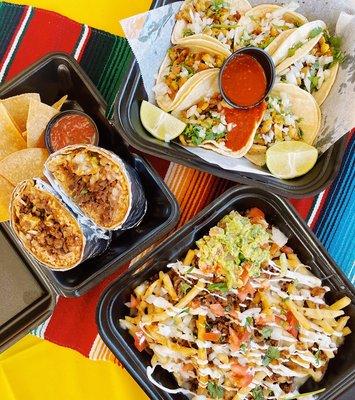 Asada fries, burrito, tacos