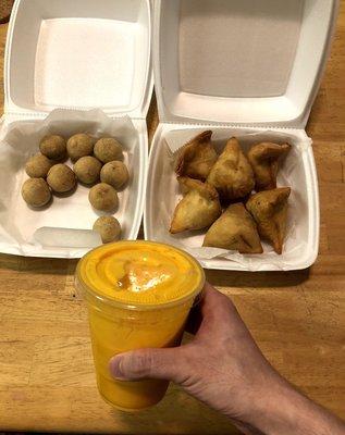 Mango Lassi, Vegetarian Samosa, Kachori