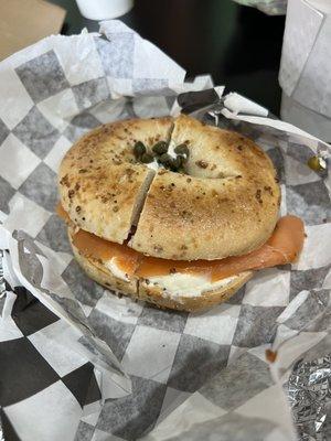 The LOX of course on garlic bagel