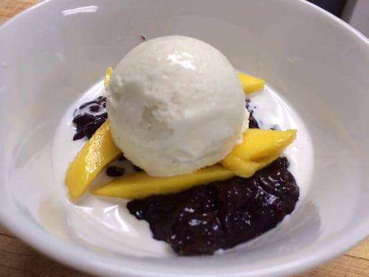 Kaya ice cream, black sticky rice pudding, salted coconut milk, and mango