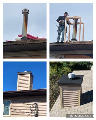 Before and After Pictures of Ryan boxing out my ugly gas chimney to make it aesthetically pleasing to the eyes.