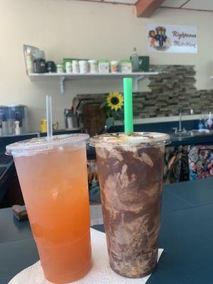 Combo Snickers shake and Joshua & Caleb (peach mango) Energy Tea