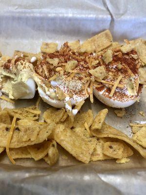 Chili cheese deviled eggs