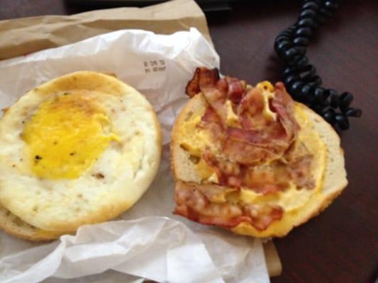 Bacon, egg and cheese on a plain toasted bagel